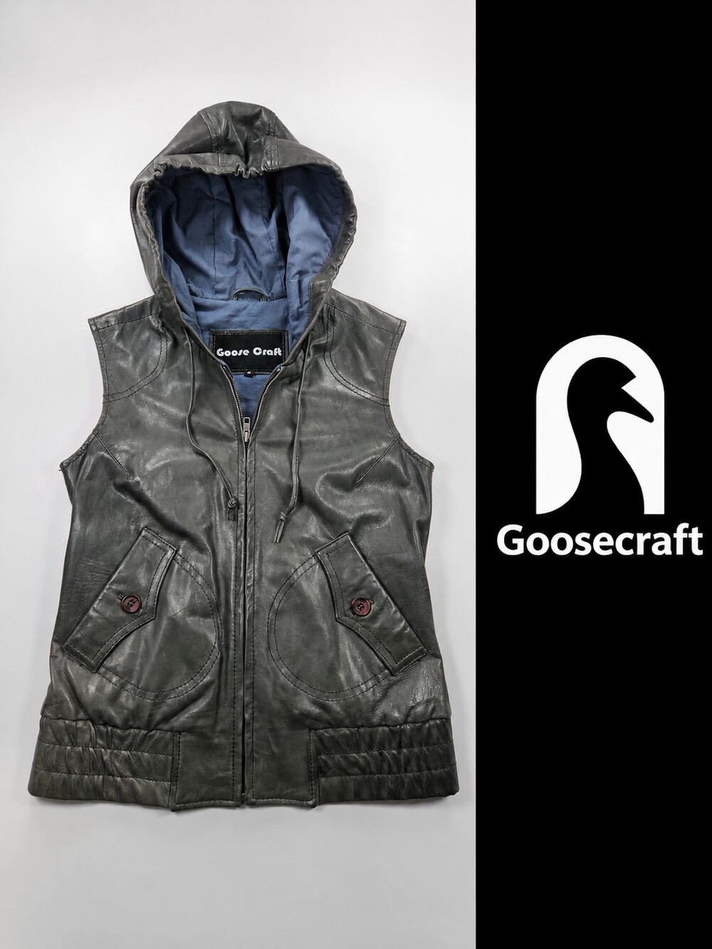 Goose Craft Genuine Leather Hooded Vest Women’s Medium Grey Moto Utility Vest